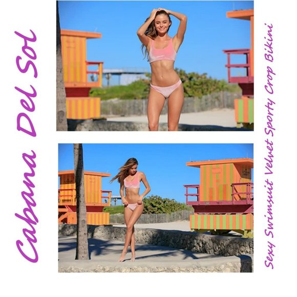 Cabana Del Sol Women's Sexy Swimsuit Velvet Sporty Crop Bikini Bathing Suit Rose - Picture 2 of 14